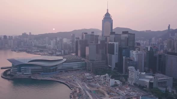 Hong Kong Island and downtown city centre. Aerial drone view at sunrise