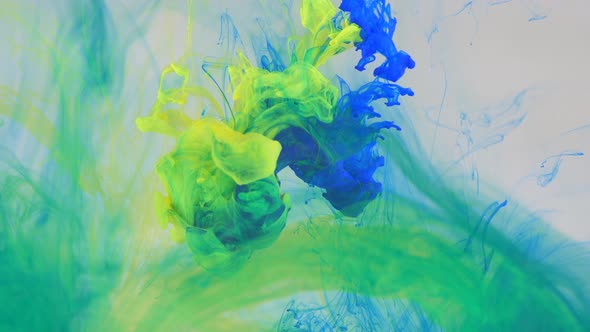 Liquid Abstractions the Dissolution of Blue Yellow and Green Paint in Water