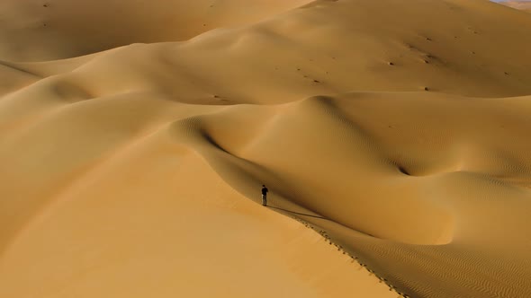 Aerial view of a man standing on the edge of dunes, U.A.E.