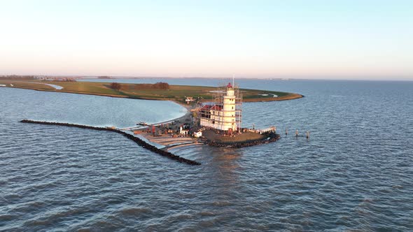 Aerial View of the Paard Van Marken at Sunrise Traditional Historic Monument Lighthouse on the