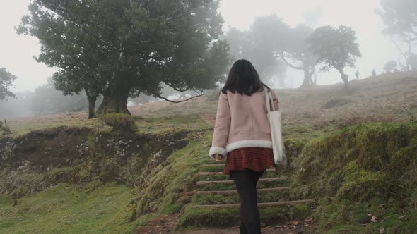 Low angle girl walk in wood stairs covered in moss, Laurel forest Madeira Island