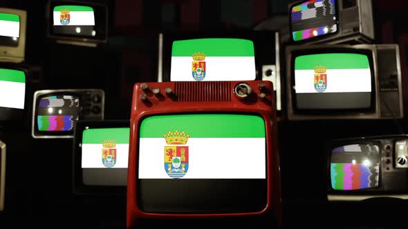 Flag of Extremadura, autonomous community of Spain, and Retro TVs.