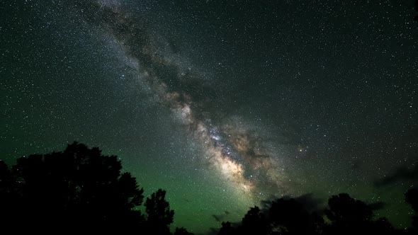 Time lapse of the milky way moving over bushes in the Utah desert
