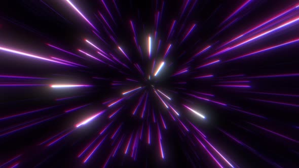 Flight inside a pink tunnel of glowing light stripes. Neon Radial Lines .