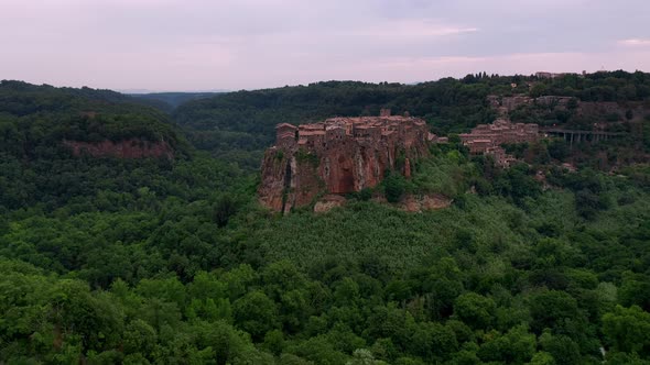 Aerial view of Calcata Vecchia village in the province of Viterbo, Italy