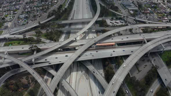 AERIAL: Slowly Circling Over Judge Pregerson Huge Highway Connection Showing Multiple Roads, Bridges