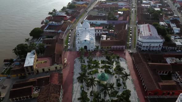 Reverse drone shot of downtown Tlacotalpan, Veracruz