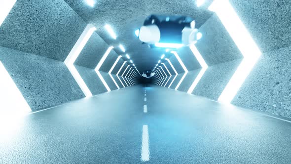 Futuristic Long Tunnel with Flying Cars