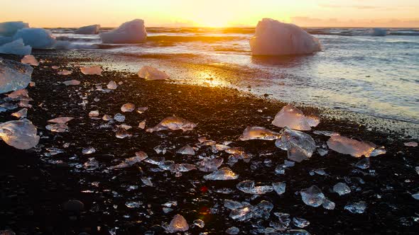 Diamond Beach in Iceland Chunks of Ice on Black Sand at Sunrise Crystal Clear Water and a Wonderful