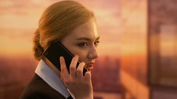 Flirty Female Manager Talking Phone, Personal Conversation on Work Place