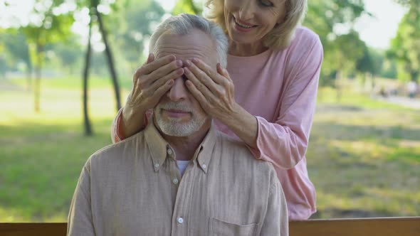 Woman Playfully Closing Husband Eyes, Meeting Outdoors, Happiness in Old Age