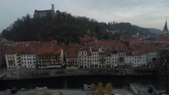 Aerial view of buildings along the river