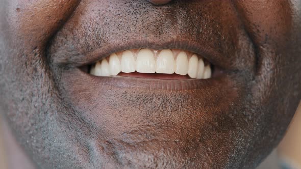 Extreme Close Up Human Wrinkled Male Face Healthy African American Senior Man with White Toothy