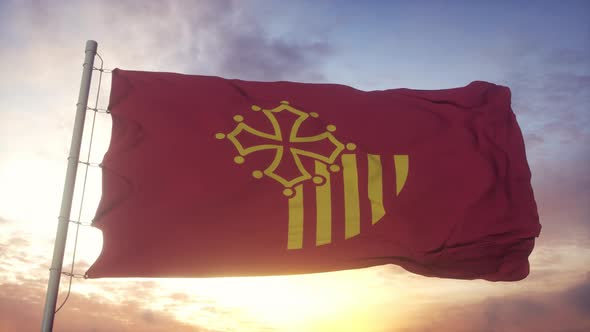 LanguedocRoussillon Flag France Waving in the Wind Sky and Sun Background