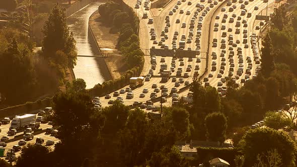 Aerial view of rush hour traffic on busy freeway