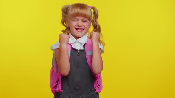 Attractive Teenage Girl Kid in School Uniform Celebrate Success Win Doing Winner Gesture Say Yes