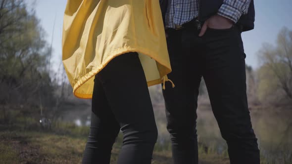 Portrait Young Cute Couple Walking in Nature Outside the City Near the River Outdoors. Beautiful