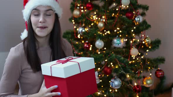 Pretty Caucasian Happy Brunette Woman Santa Hat Red Gift Box Decorated Fir Tree