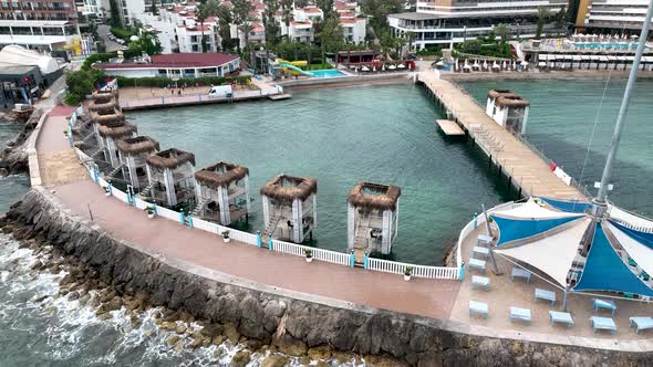 Beach Infrastructure of hotels aerıal vıew Turkey Alanya 4K