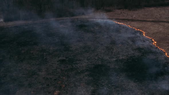 Span From Above Over a Burning Field. Epic Video Shooting, Smoke, the Spread of Fire. Deforestation