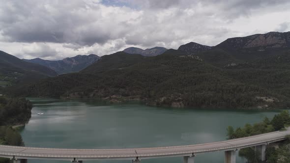 Aerial View of Bridge Over Water Reservoir in LLosa Del Cavall LLeida Catalonia Spain