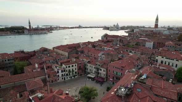 Aerial View of Venice Italy with Grand Canal Rooftops of Buildings and Boats