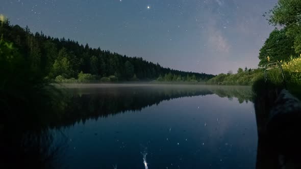 Cinematic slide up of the moving Milkyway at a star clear night with it's refection in a little lake