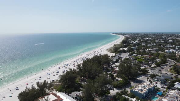 Aerial of the white sand beaches of Holmes, Anna Maria, and Manatee County beaches in Bradenton, Sar