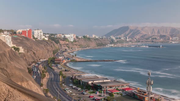 Traffic on Circuito De Playas Road in Miraflores District of Lima Aerial Timelapse