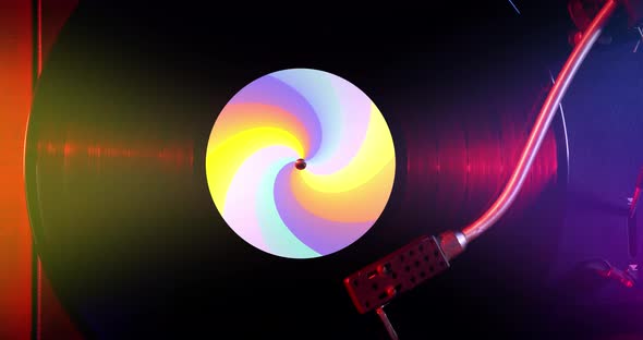 Black Vinyl Record Spinning and Play Music on the Dj Turntable with Colorful Label