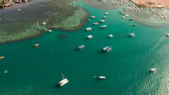 Tourist Boats in a Bay with Blue Water