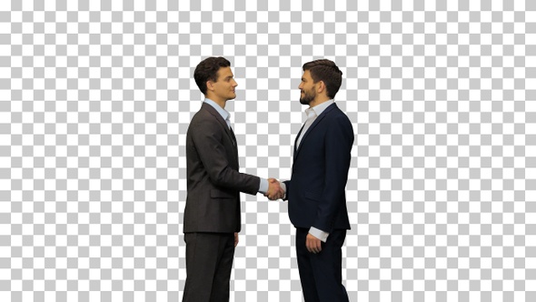 Two young men in suits greet each other, Alpha Channel