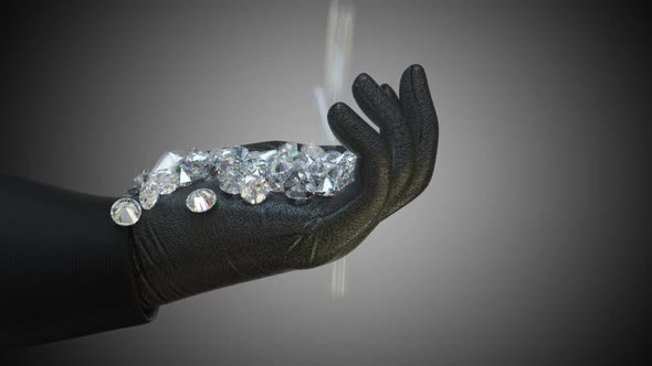 Sparkling diamonds and gems falling down in to gloved hand. Alpha matte