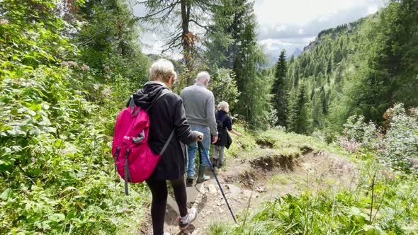 Back View of Family During a Mountain Trip Along Italian Alps Summer Season