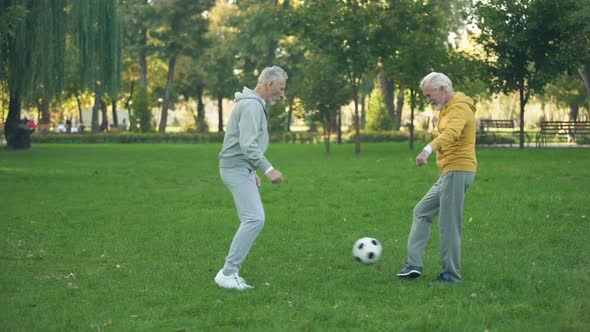 Senior Sportsmen Playing Football on Weekend in Park, Active Leisure, Friendship