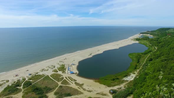Aerial view of the Baltic coast in Yantarny resort town, Russia