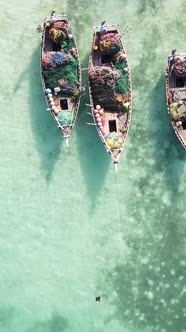 Vertical Video Boats in the Ocean Near the Coast of Zanzibar Tanzania