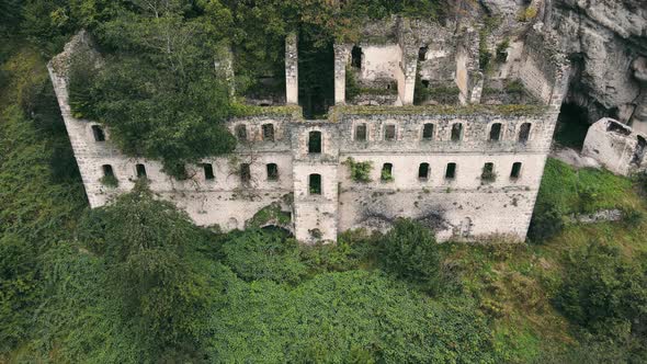 Aerial View of Destoyed and Abandoned Monastery of Vazelon in the Mountains