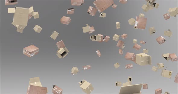 Cardboard and packing boxes falling 3D animation. Boxes for moving, relocating, warehouse, storage.