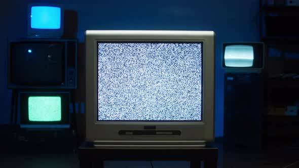 Retro Old Televisions on Blue Neon Background