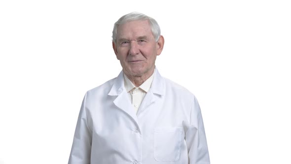 Old Man in White Wear in White Isolated Background.