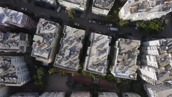 Aerial View of Roofs of Highrise Buildings with Solar Panels