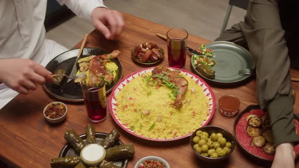 Muslim Family Dinner Eating Togeher Arabian Cuisine