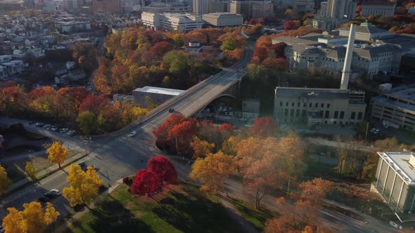 An evening aerial view of Schenley Bridge in the Oakland district of Pittsburgh, Pennsylvania. The C