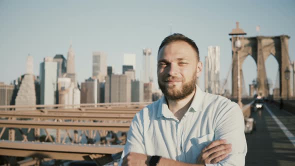 Portrait of Successful Happy Caucasian Businessman Crossing Arms, Smiling at Camera at Brooklyn