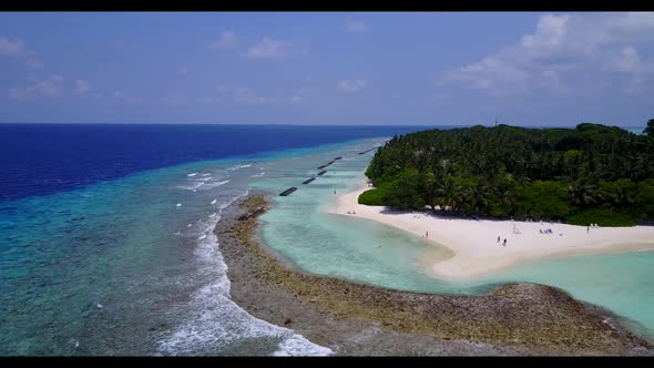 Aerial flying over travel of exotic lagoon beach adventure by blue water and white sandy background 