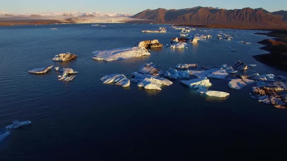 Flying over a glacier lake in Iceland