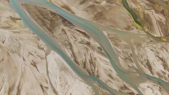 Drone view of glacial river, Fjallabak Nature Reserve, Landmannalaugar, Iceland