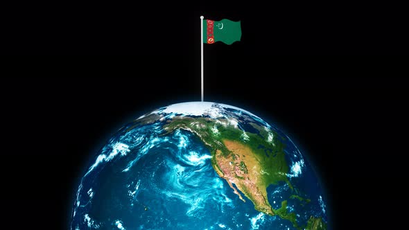 3d Rotated Planet Earth On Flying Turkmenistan Flag Animation