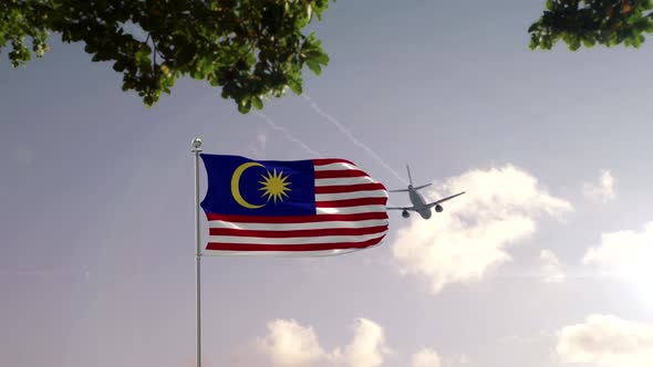 Malaysia Flag With Airplane And City 